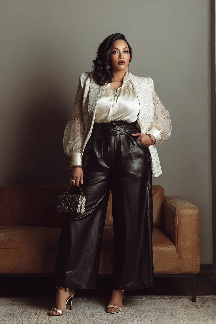 Sheer Sleeve Blouse + Leather Wide-Leg Trousers
