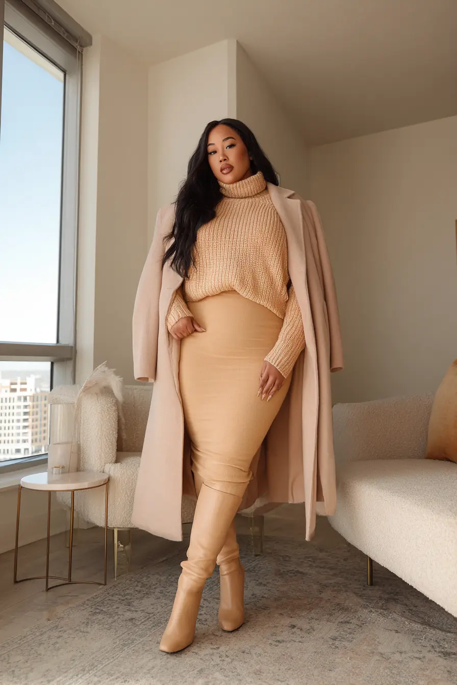 Camel Turtleneck + Pencil Skirt Layering