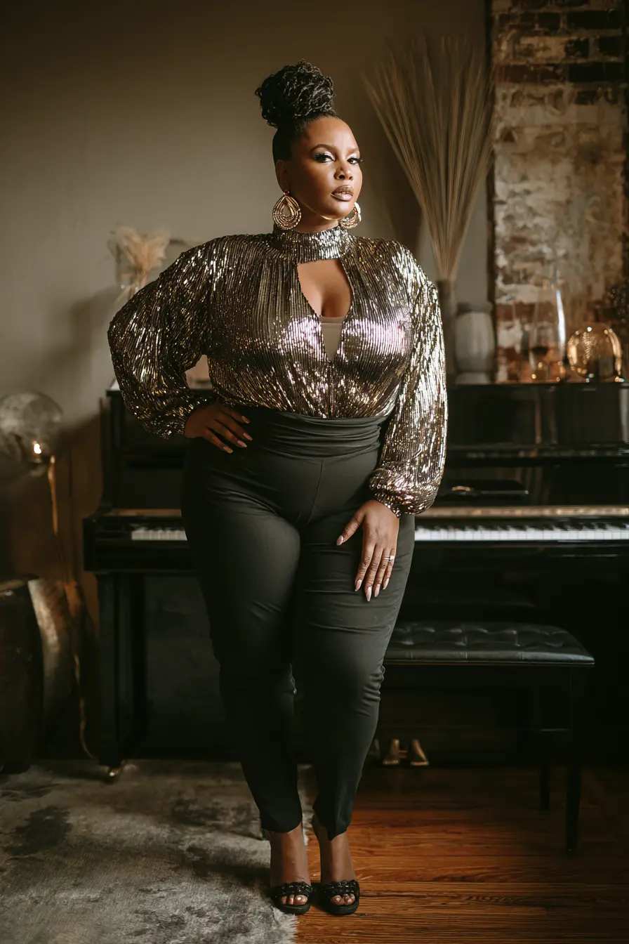 Metallic Pleated Blouse + Tailored Trousers