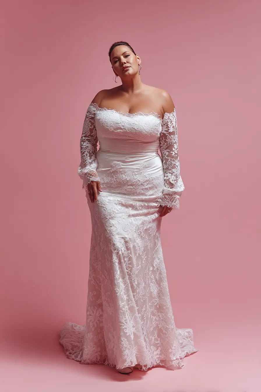 Off-Shoulder Lace Gown + Sculpted Sleeves