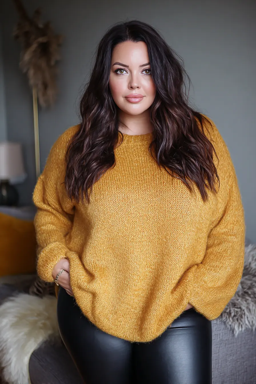 Oversized Mustard Knit + Sleek Leather Leggings