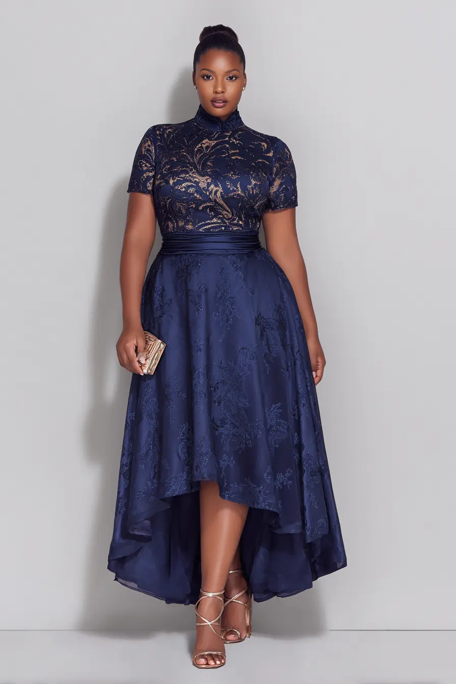 Embroidered High-Low Dress + Gold Strappy Heels