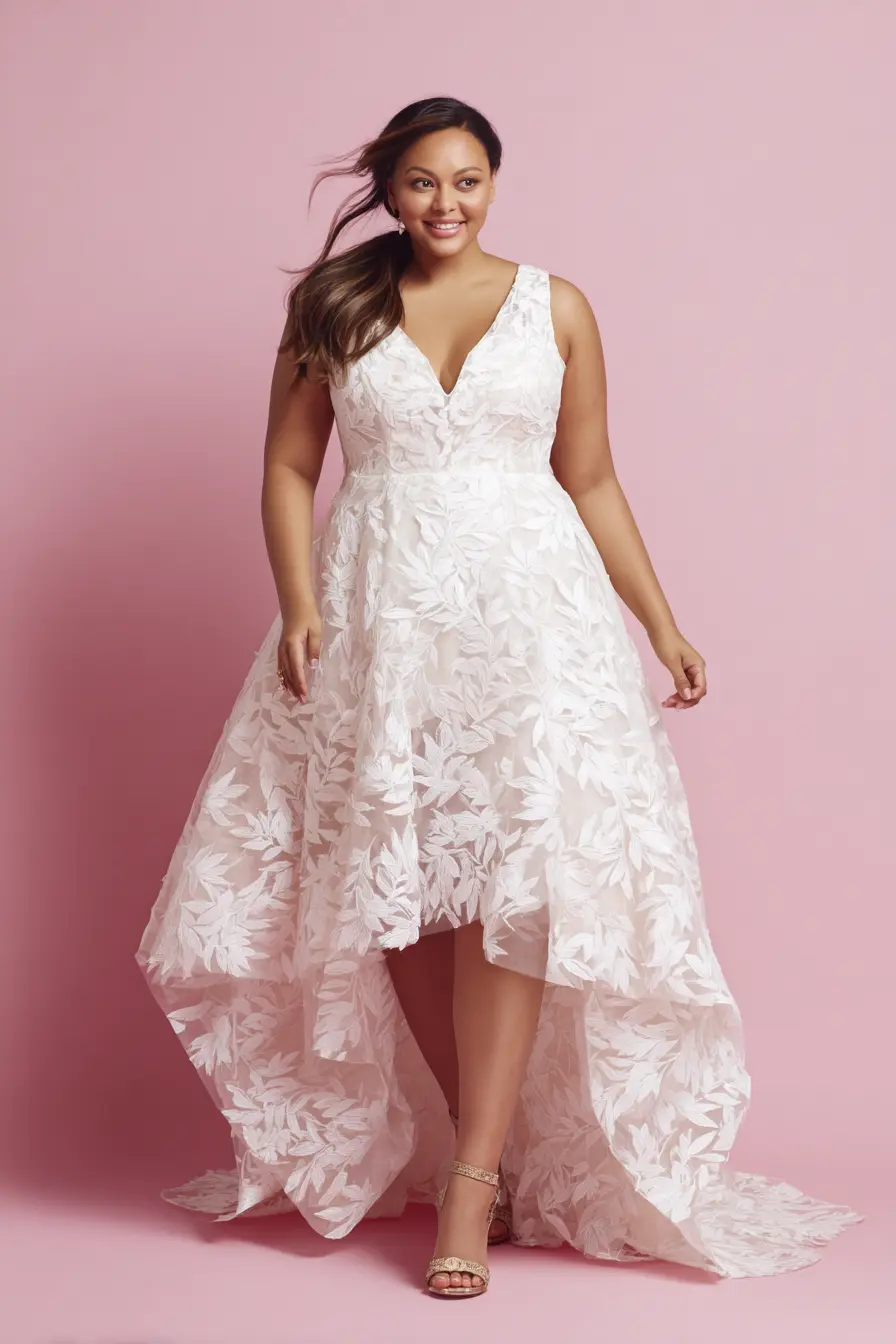 High-Low Floral Gown + Deep V Neckline