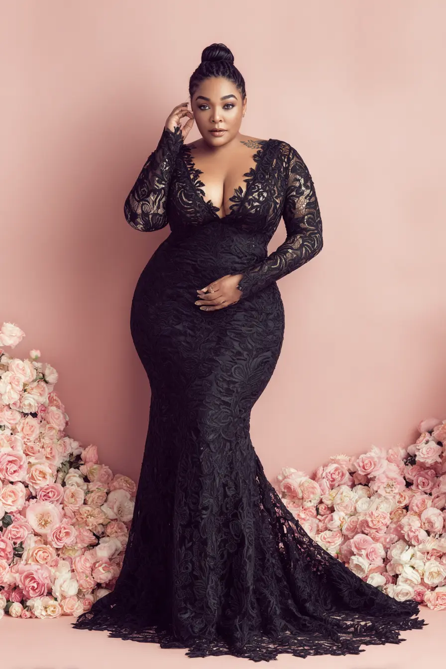 Lace Mermaid Gown + Deep Plunge Detail