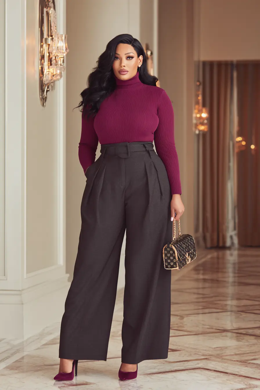 Ribbed Turtleneck + Pleated Wide-Leg Pants