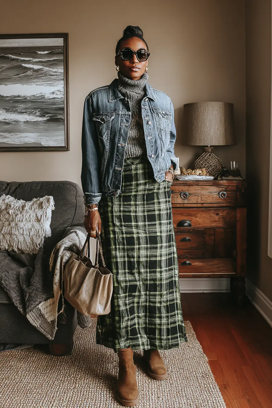 Denim Jacket + Plaid Maxi Skirt