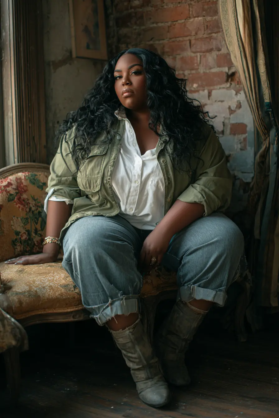 Utility Jacket + White Button-Up + Rolled Denim