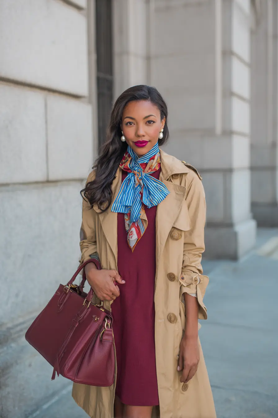 Classic Trench Coat + Bold Silk Scarf