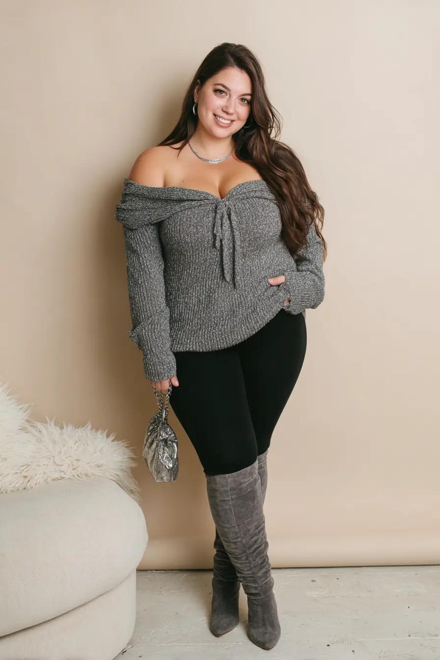 Off-Shoulder Knit + Over-the-Knee Boots