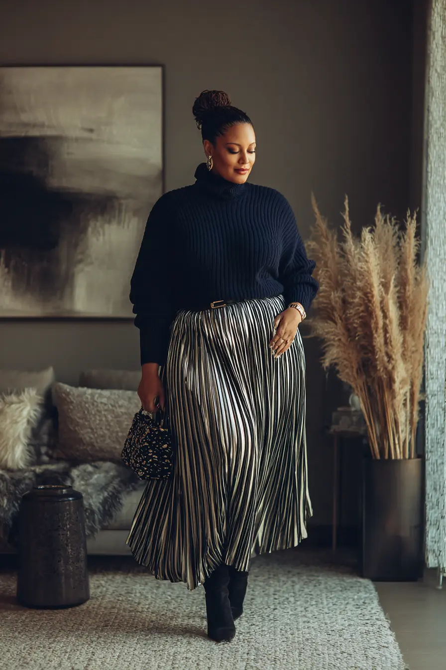 Ribbed Turtleneck + Pleated Midi Skirt
