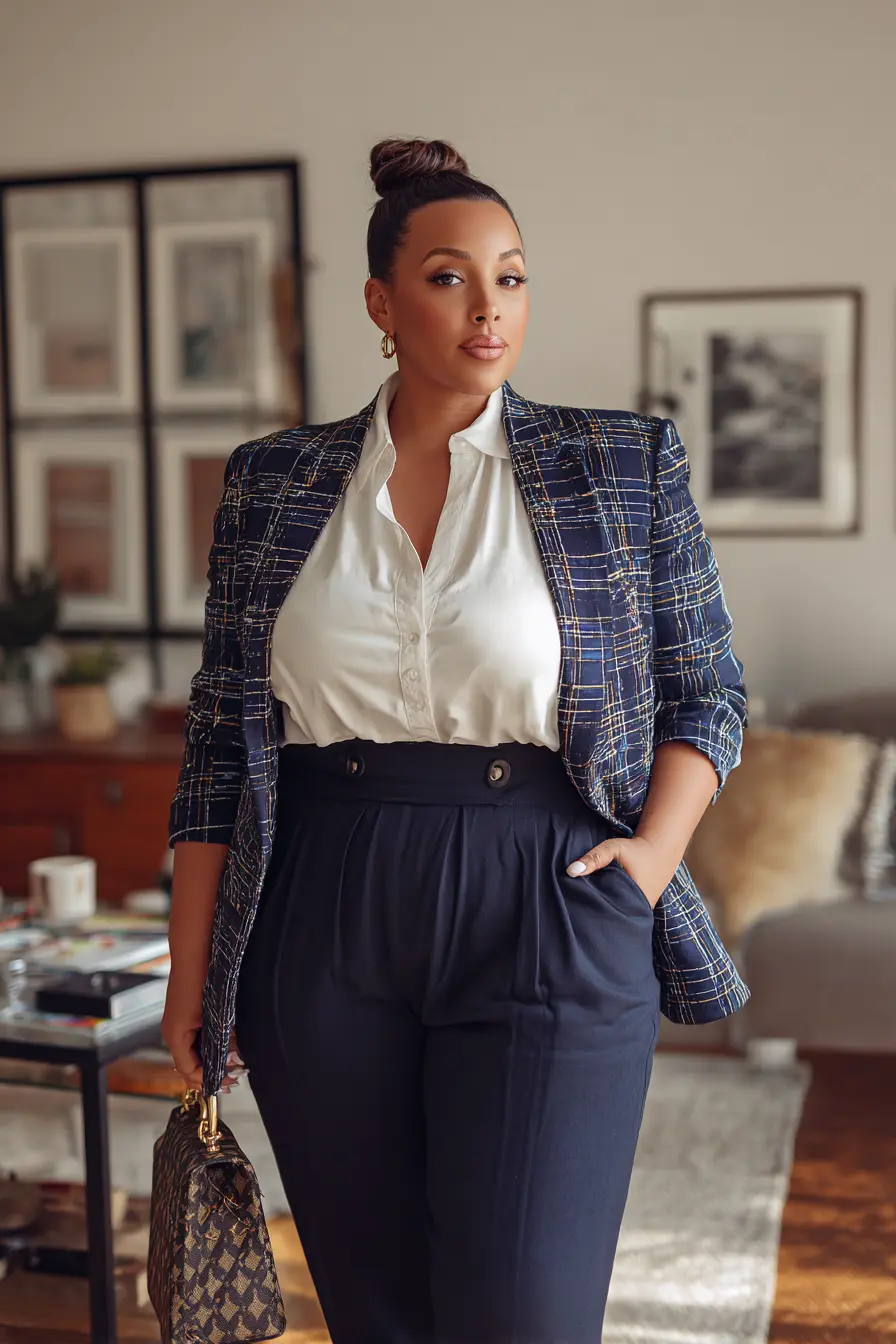Plaid Blazer + High-Waist Trousers