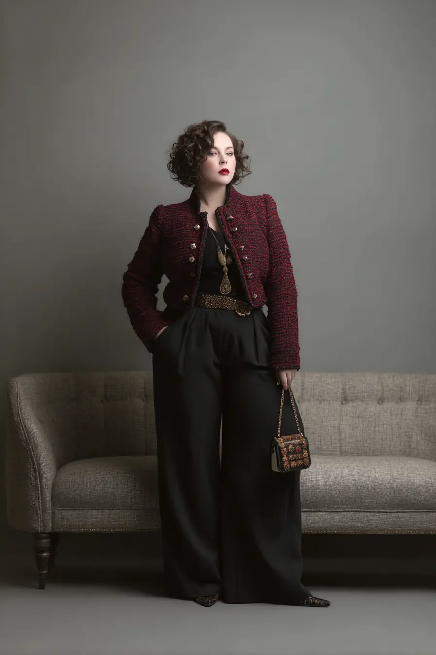 Cropped Textured Jacket + Wide-Leg Trousers