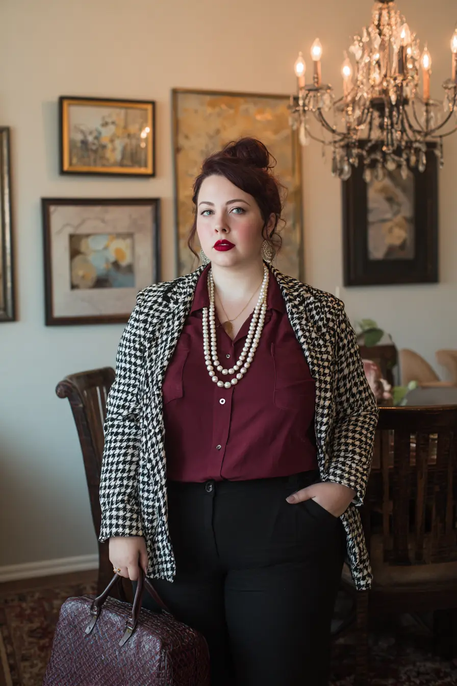 Houndstooth Blazer + Burgundy Button-Down