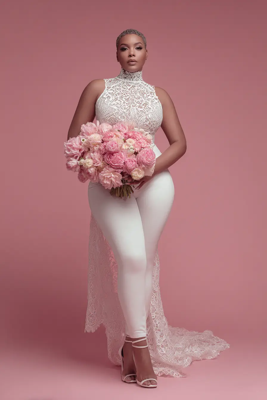 Lace High-Neck Top + Tailored Bridal Pants