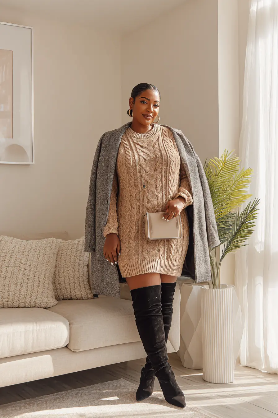 Cable Knit Sweater Dress + Over-the-Knee Boots