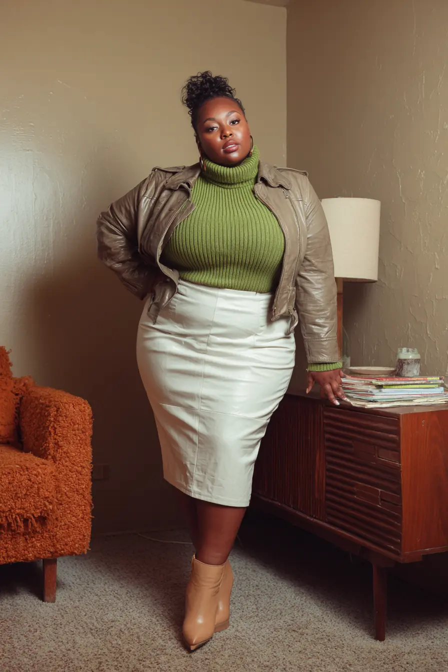 Ribbed Turtleneck + Leather Pencil Skirt
