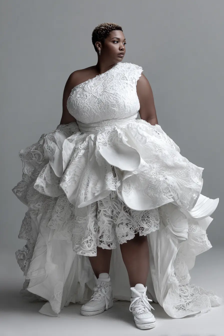 One-Shoulder Lace Gown + Voluminous Skirt