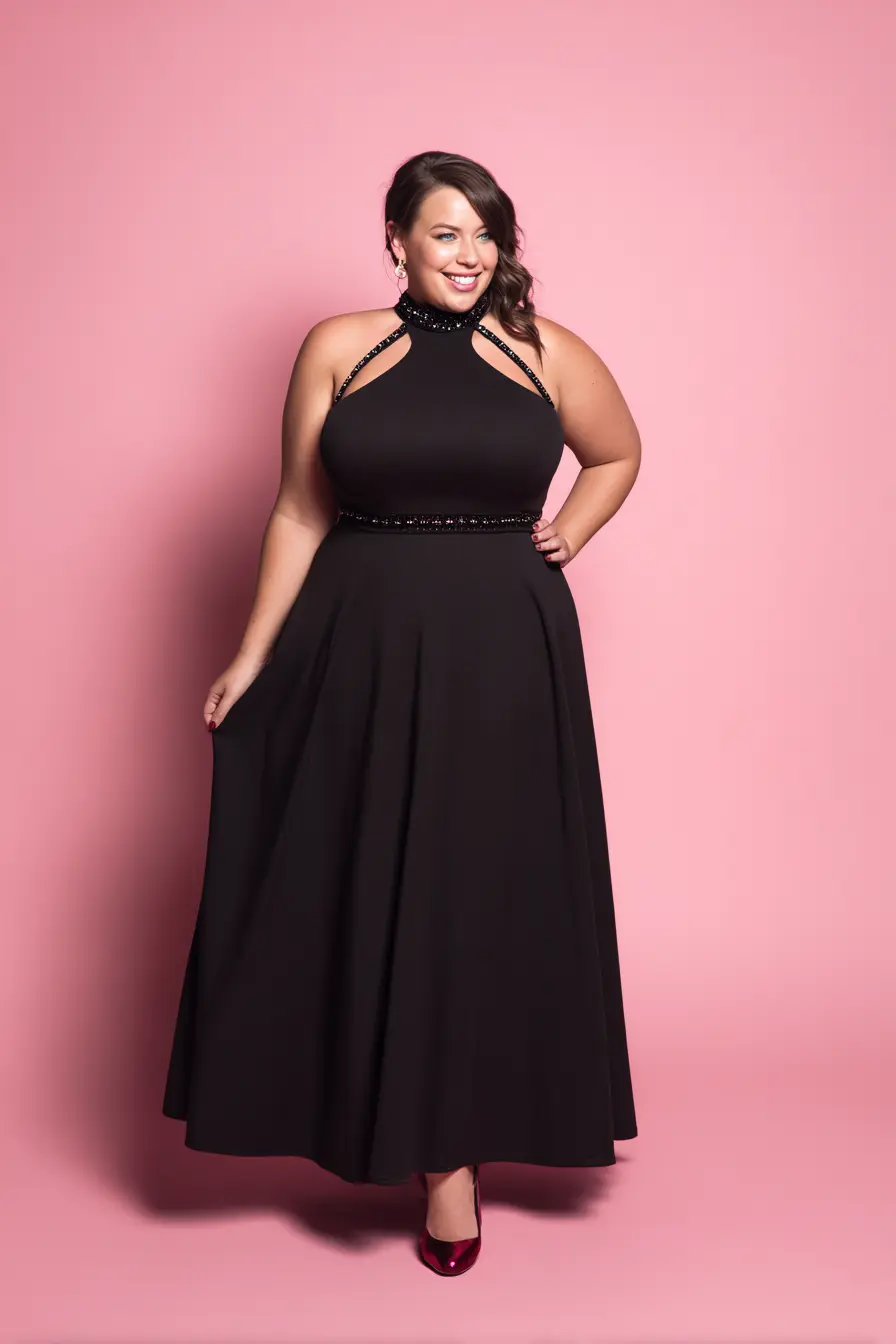 Cutout Halter Gown + Sleek A-Line Skirt