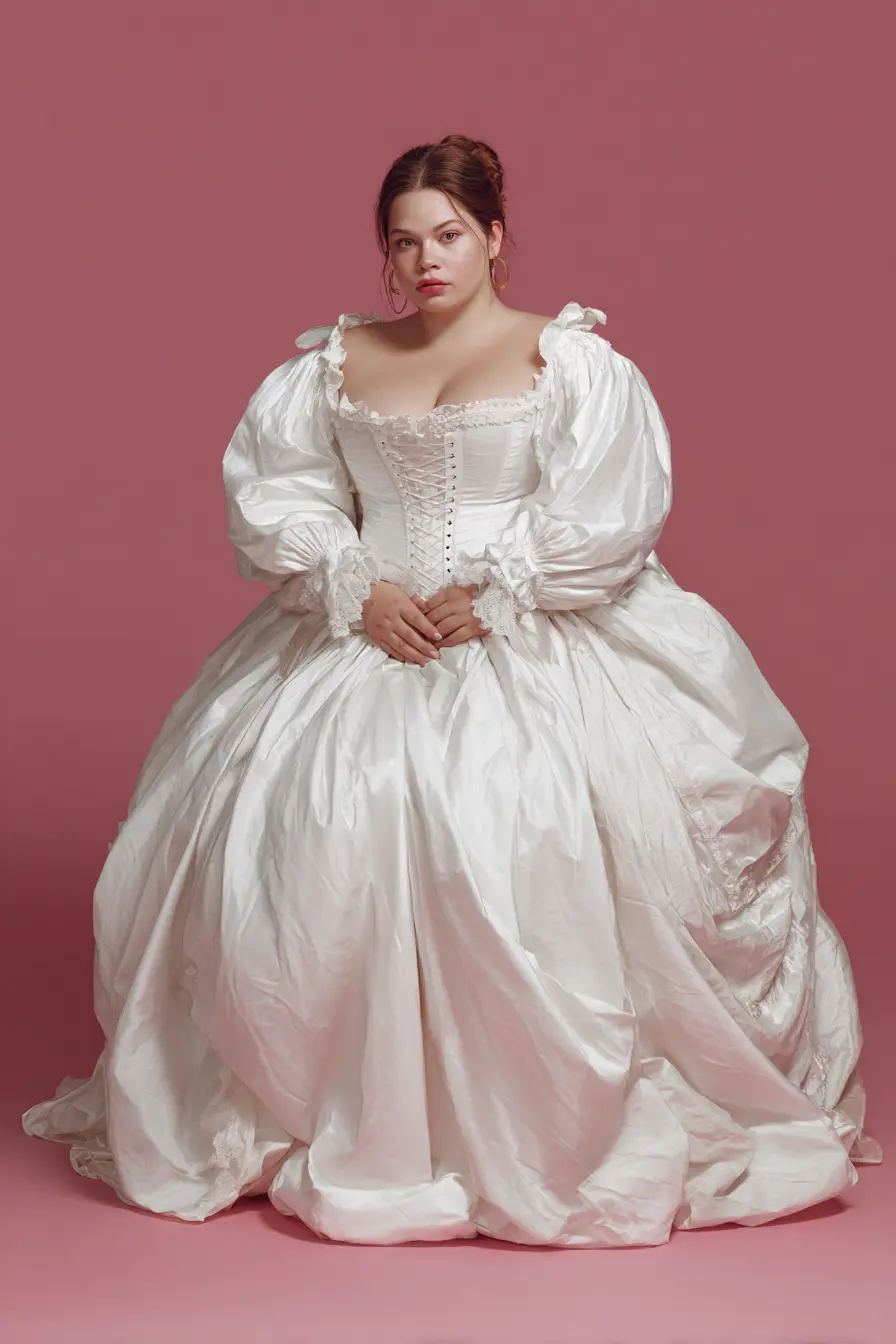 Corseted Satin Gown + Billowing Puff Sleeves