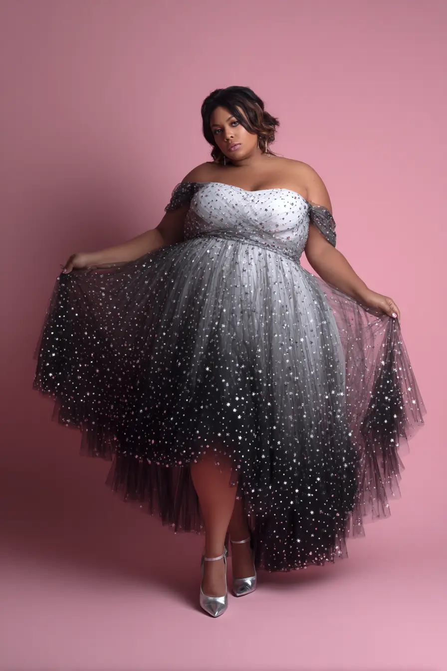 Star-Embellished Tulle Gown + Off-Shoulder Sweep