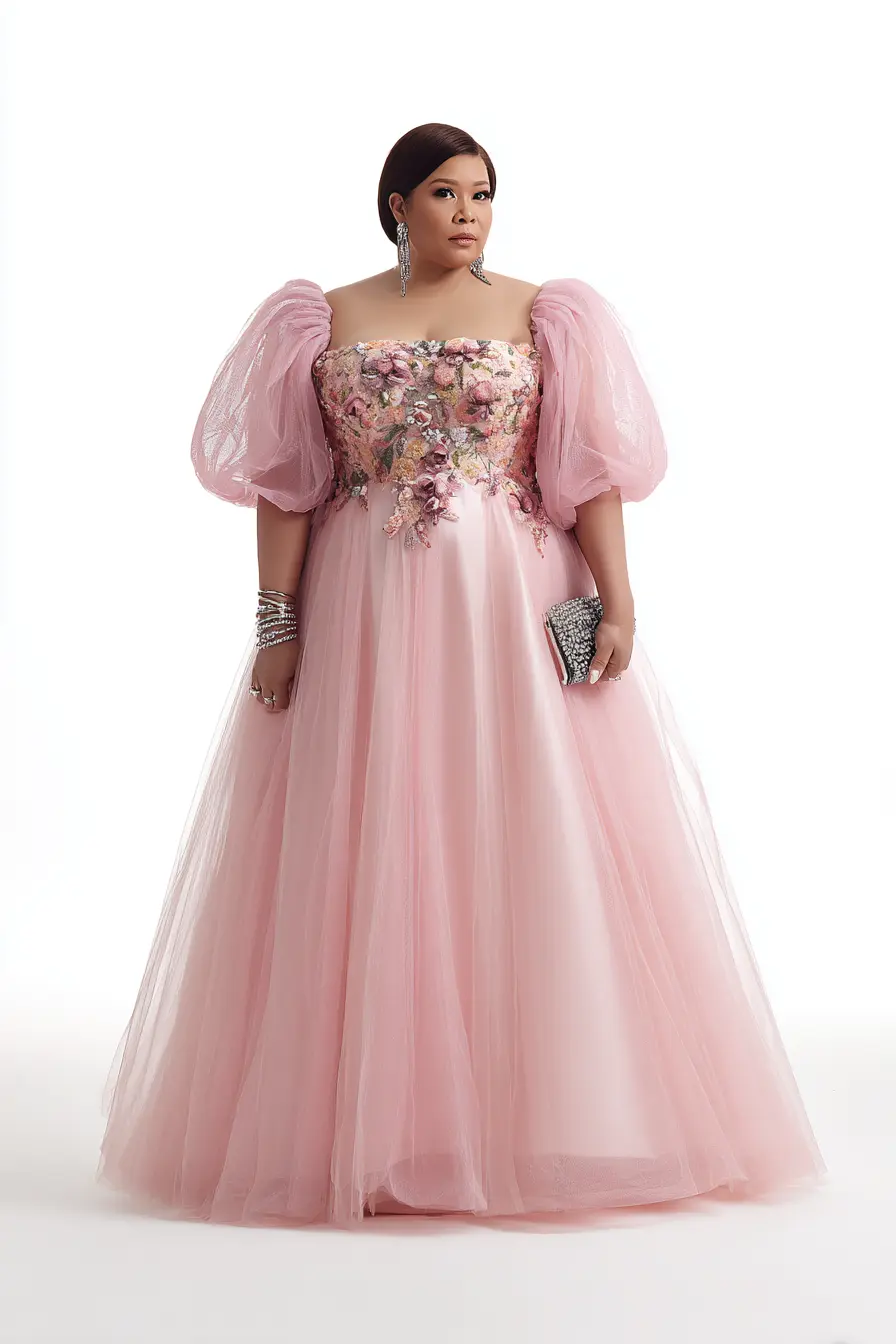 Embroidered Tulle Gown + Puff Sleeves