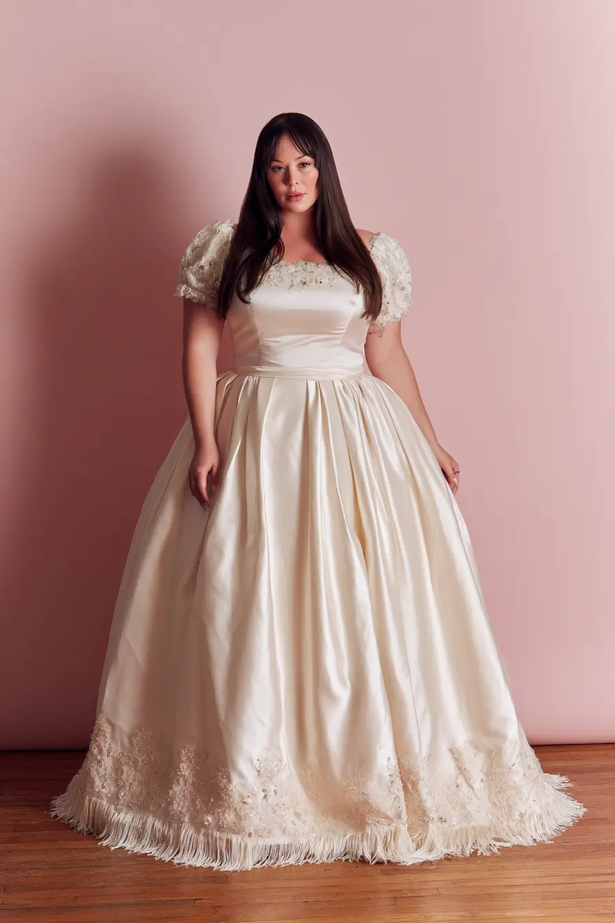 Satin Ball Gown + Beaded Puff Sleeves