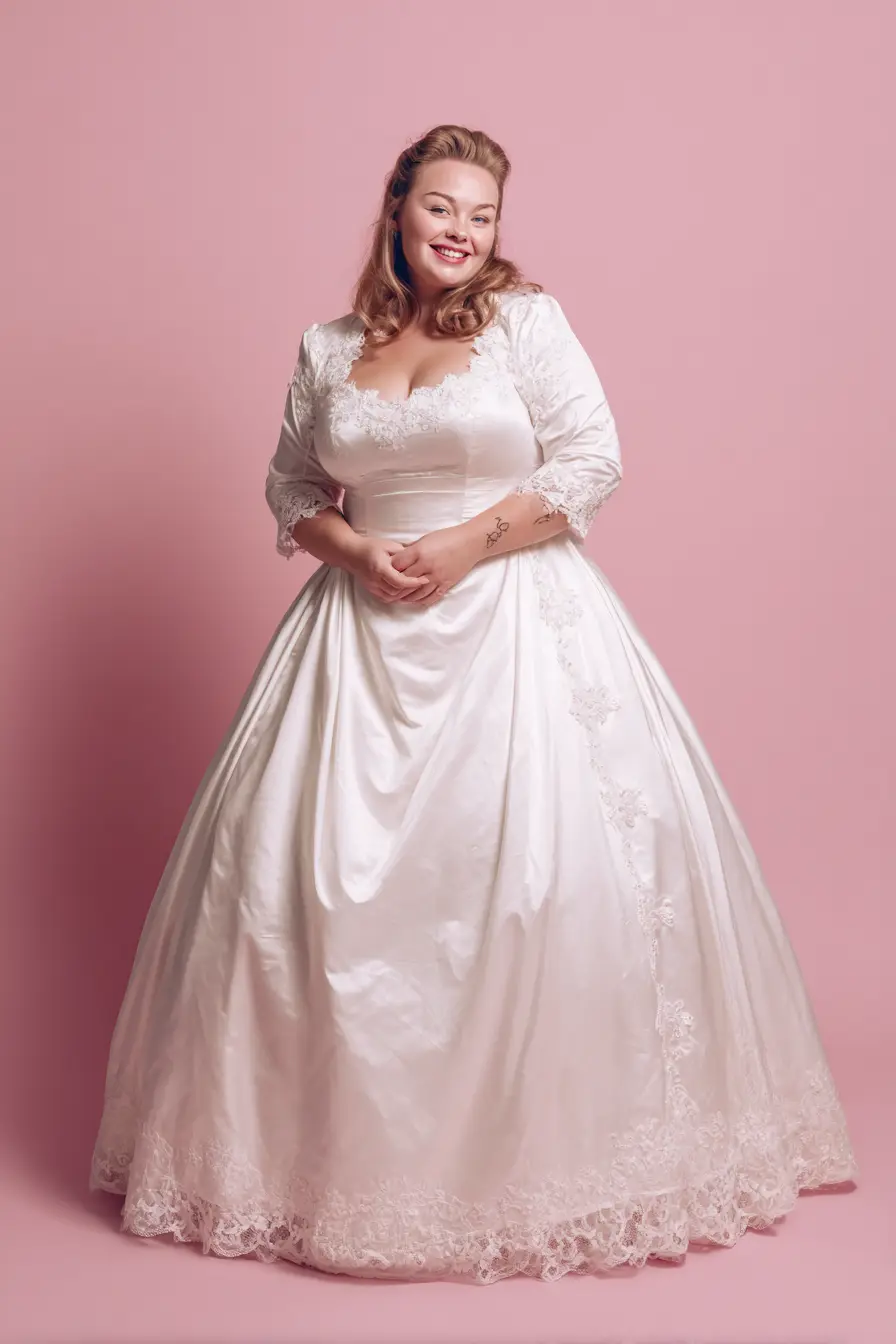 Satin Gown with Lace Trim + Fitted ¾ Sleeves