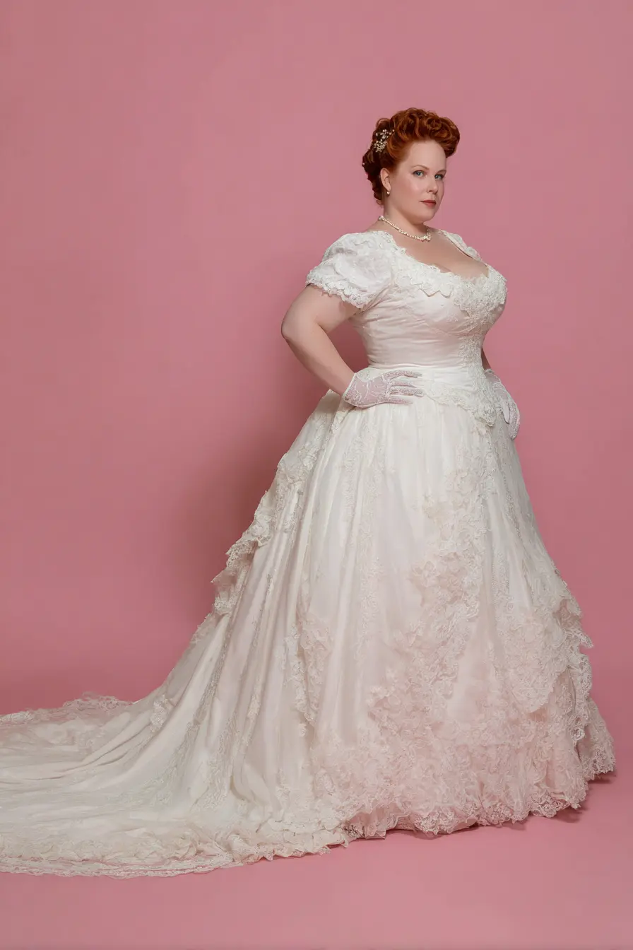 Lace-Trimmed Train Gown + Structured Short Sleeves