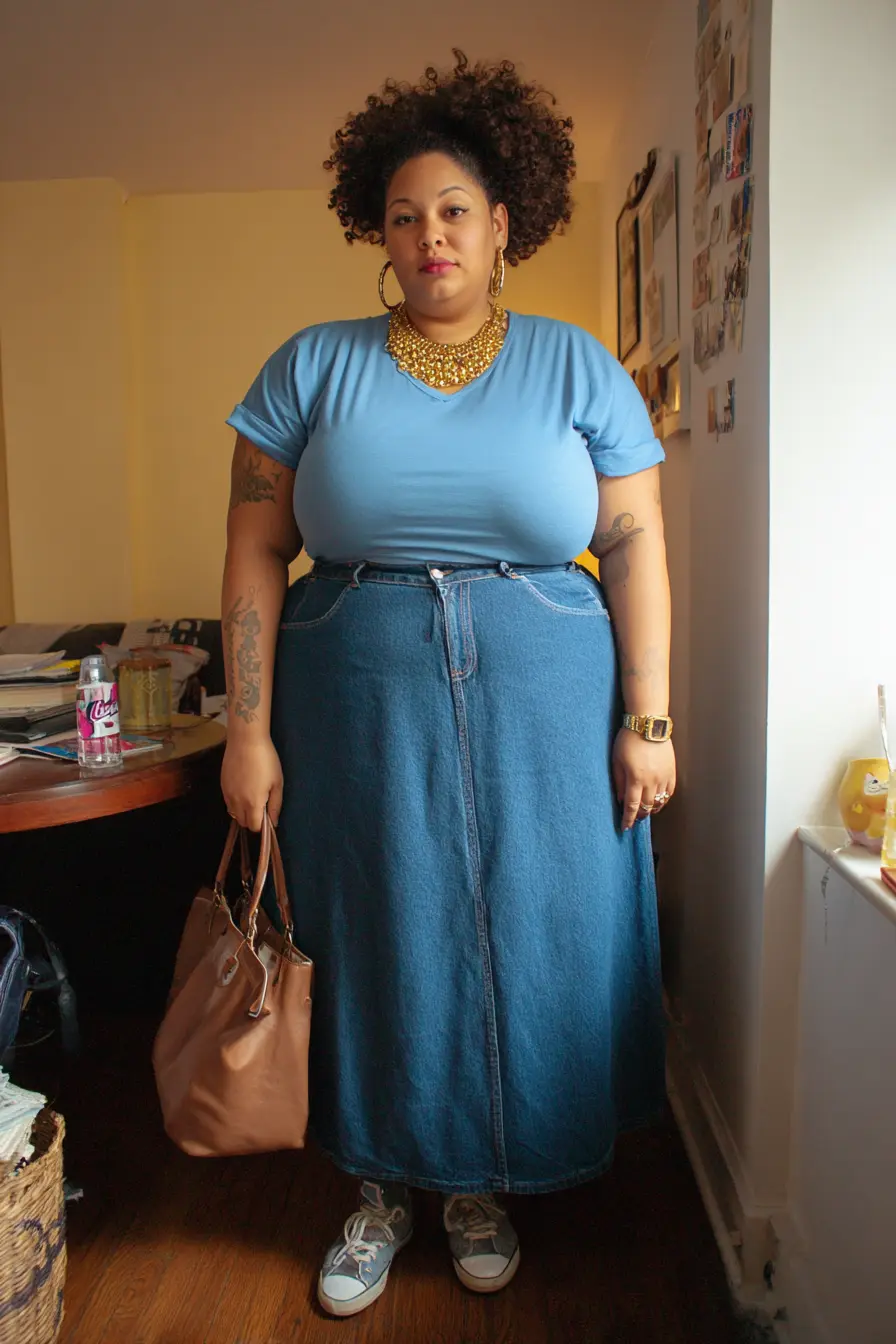 Statement Tee + Denim Maxi Skirt
