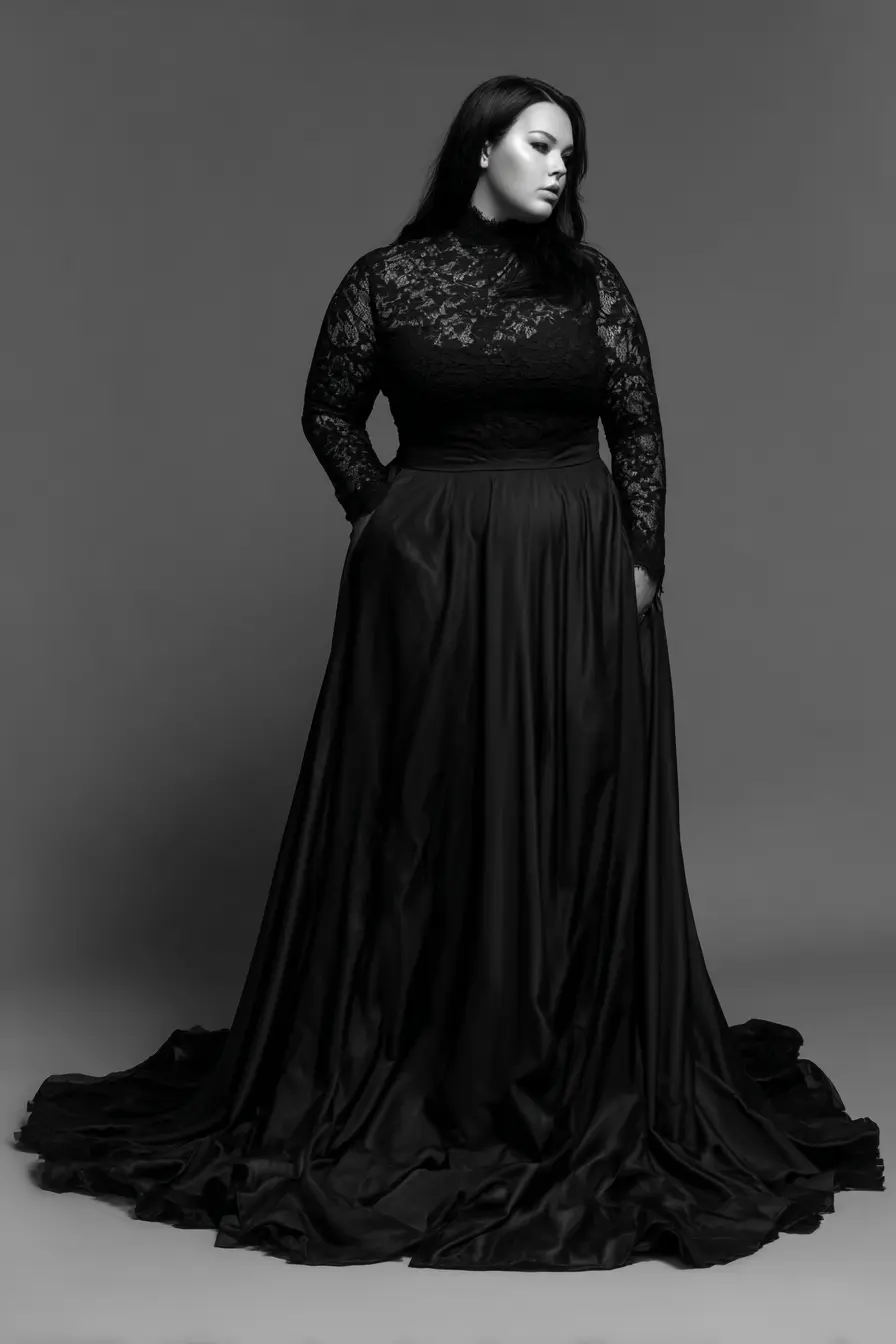 High Neck Lace Top + Flowing Satin Skirt