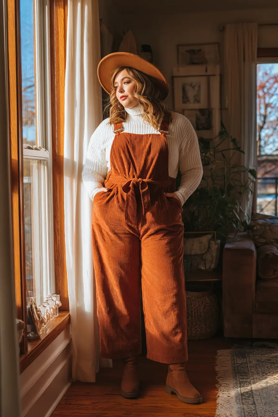 Corduroy Overalls + Chunky Knit Turtleneck