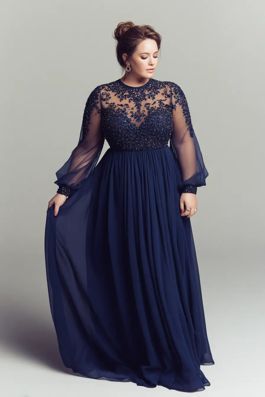 Sheer Beaded Gown + Flowing Chiffon Skirt