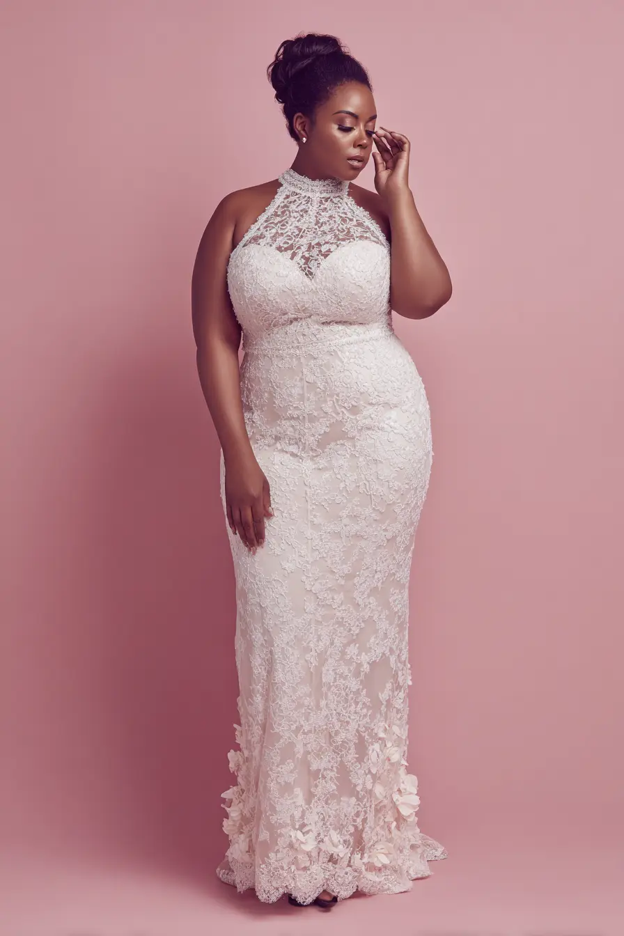 High-Neck Lace Gown + Fitted Silhouette