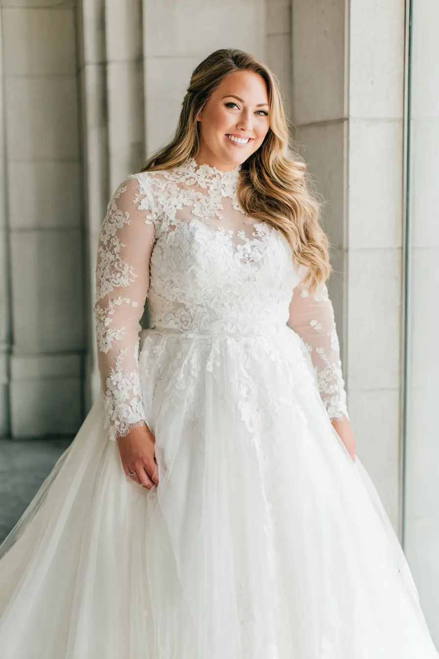 Lace High-Neck Gown + Sheer Sleeves