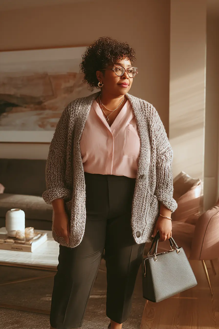 Chunky Knit Cardigan + Soft Blouse