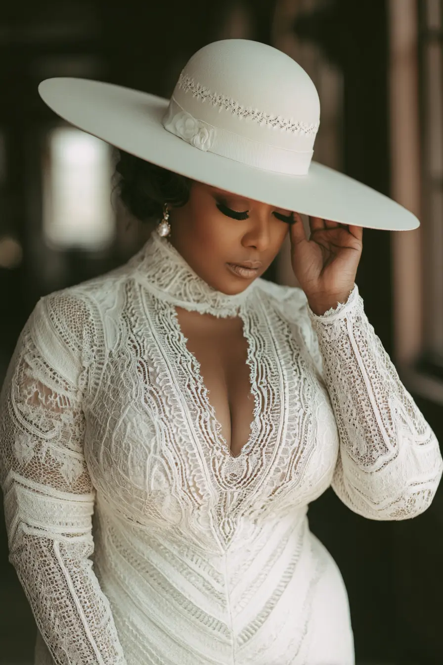 Lace High-Neck Gown + Wide-Brim Hat