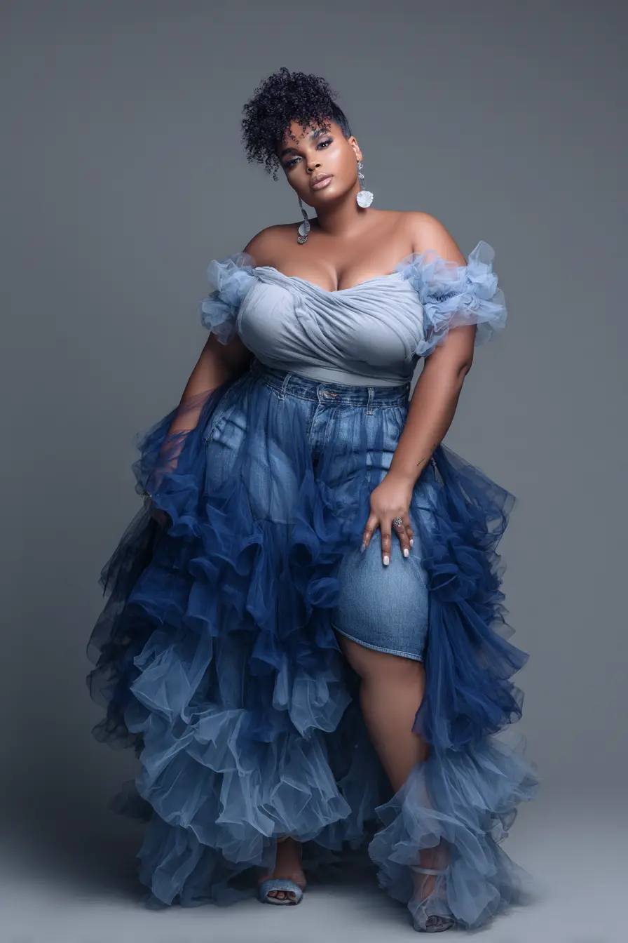 Ruffled Tulle Skirt + Denim Contrast