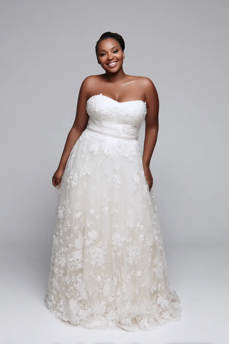 Strapless Floral Lace Gown + Subtle Beaded Waist