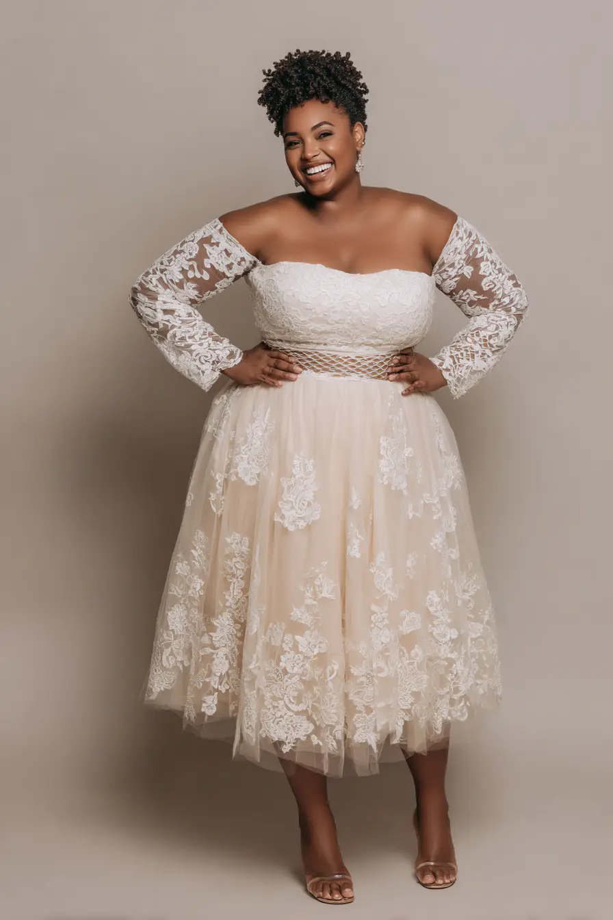 Off-Shoulder Lace Midi Gown + Sheer Sleeves