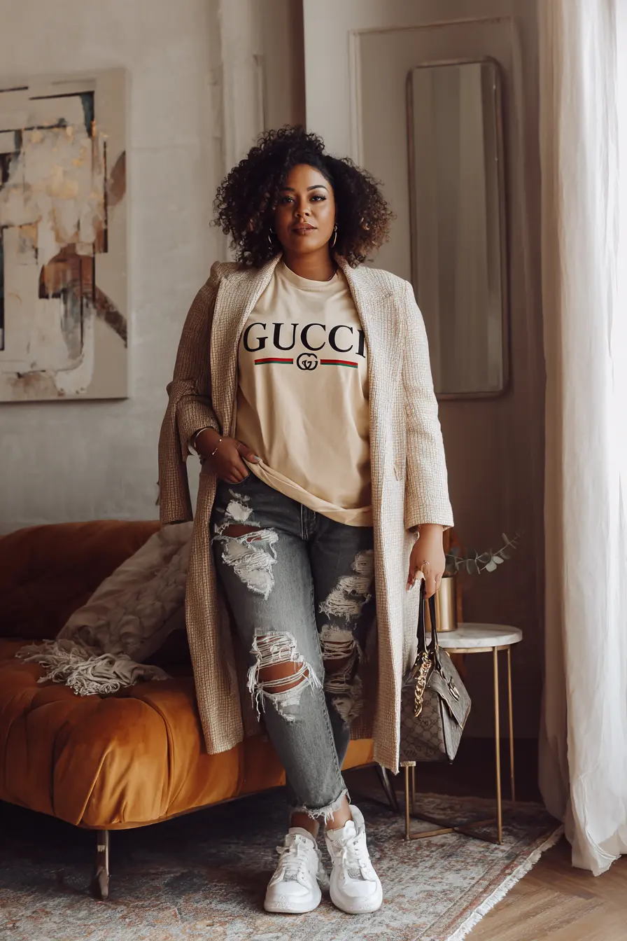 Long Coat + Ripped Denim Combo