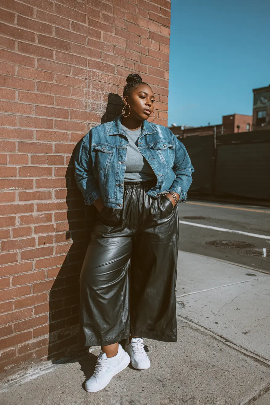 Cropped Denim Jacket + Wide-Leg Leather Pants