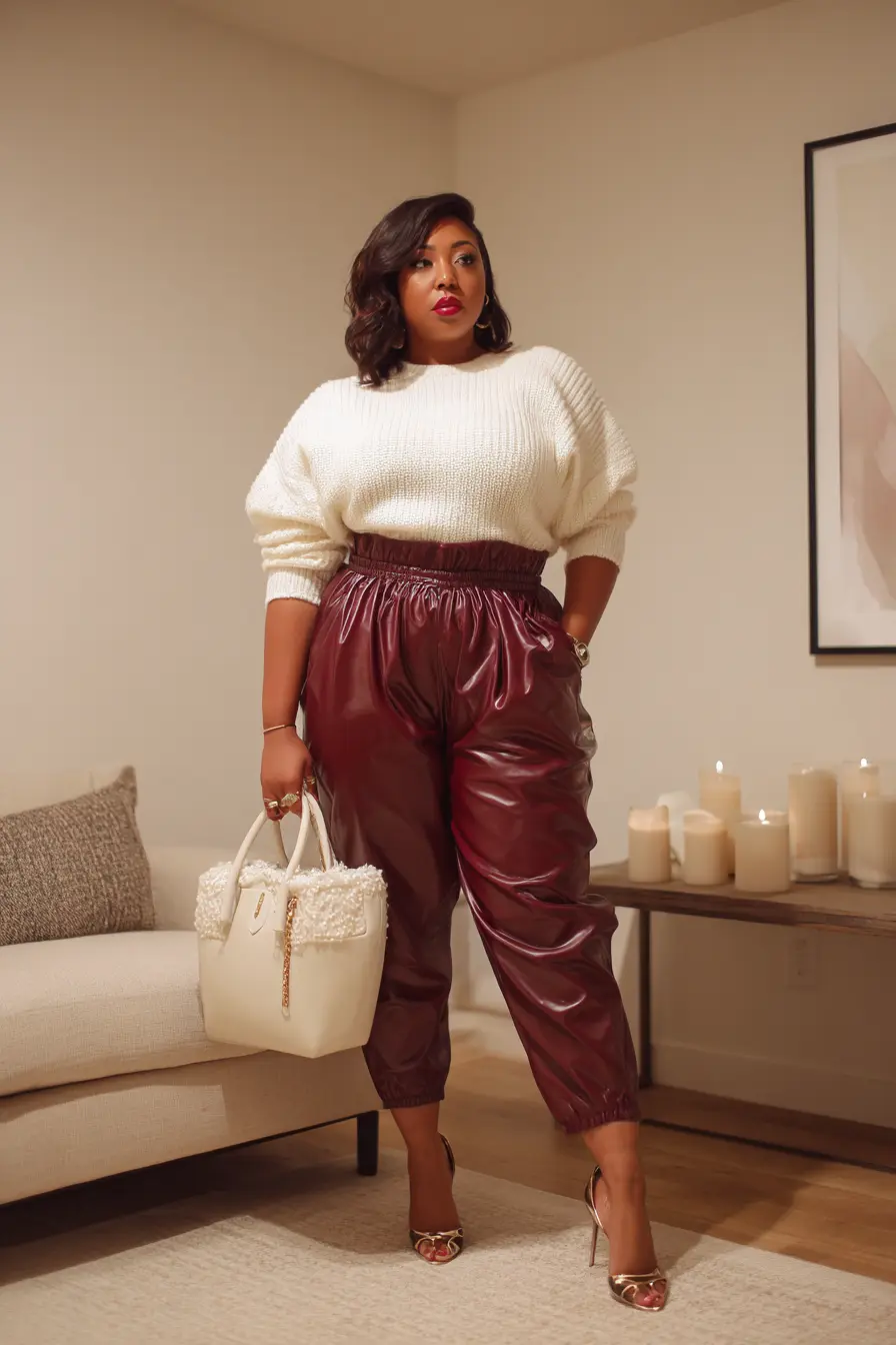 Chunky Knit Sweater + Burgundy Leather Pants