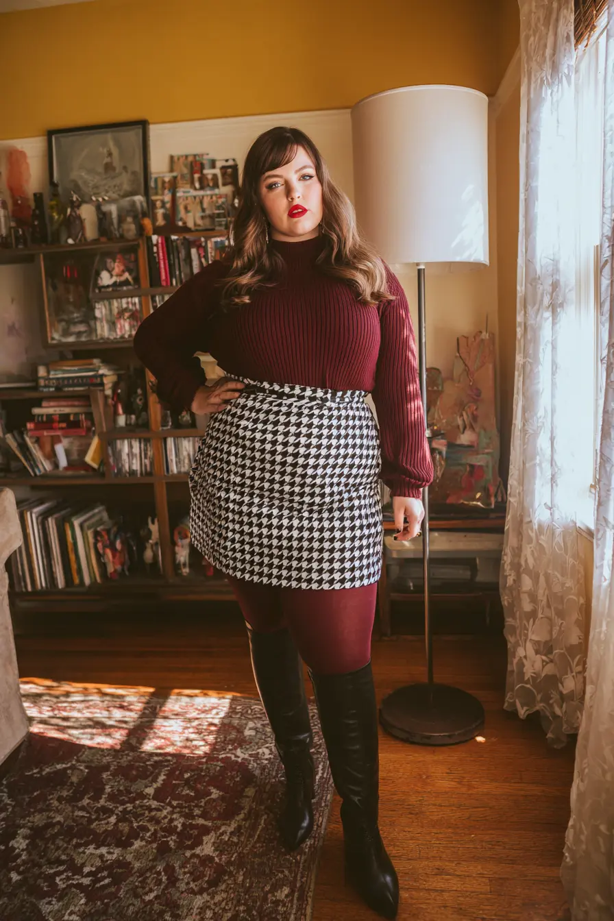 Maroon Turtleneck + Houndstooth Mini Skirt