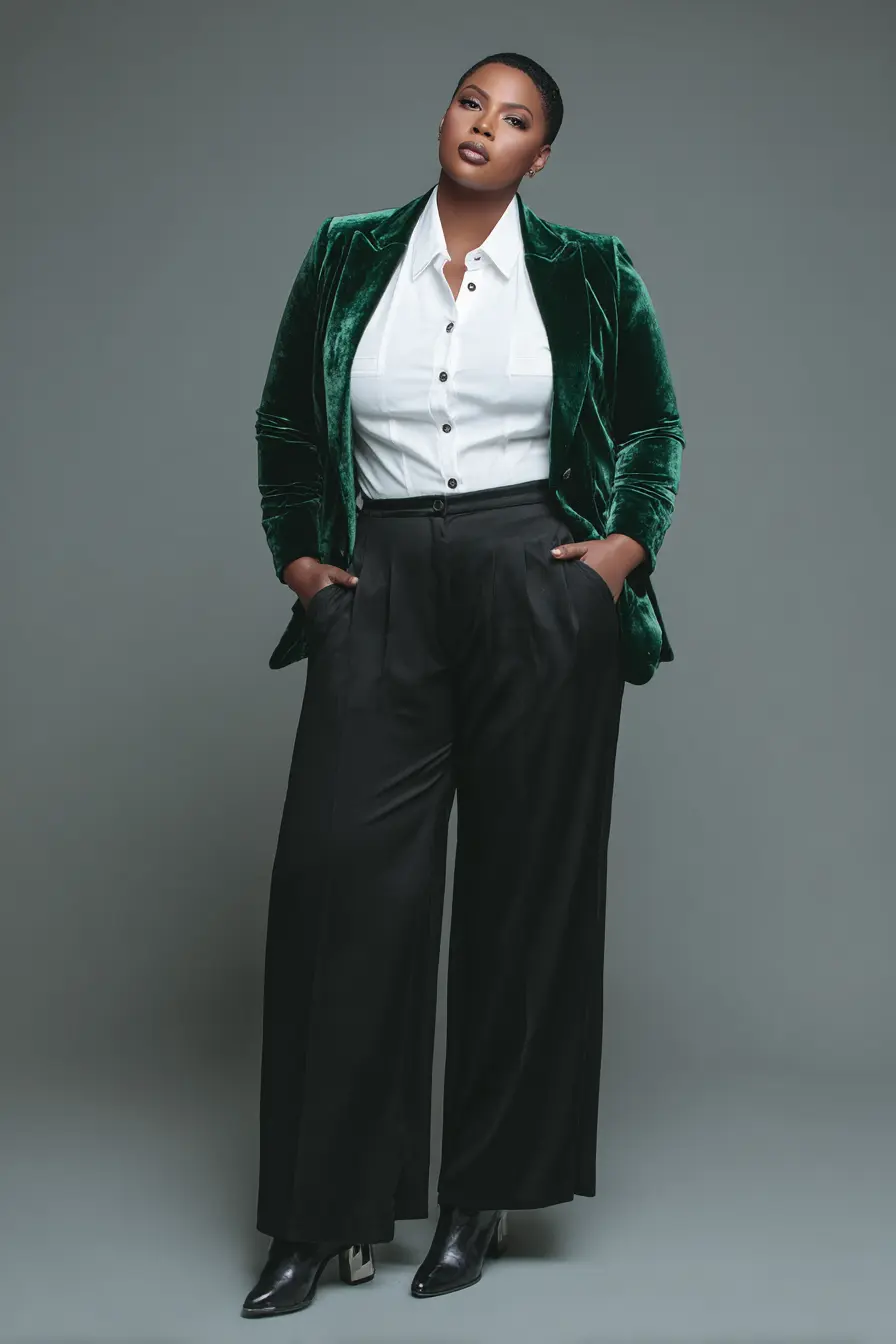 Velvet Blazer + Wide-Leg Trousers