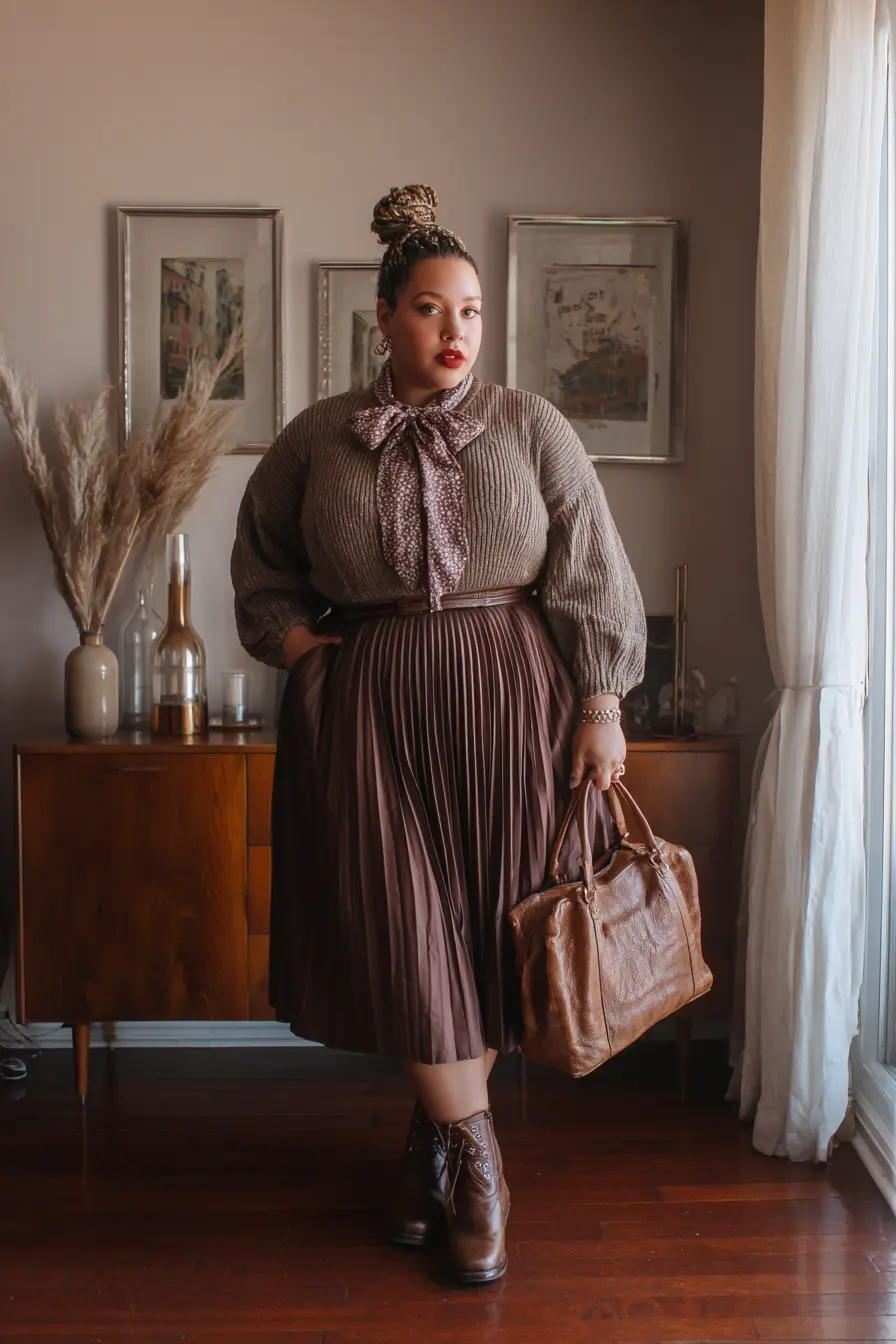 Pleated Midi Skirt + Statement Bow Blouse