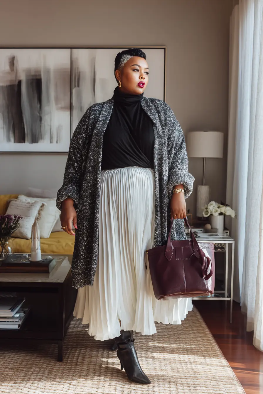 Textured Coat + Pleated Midi Skirt
