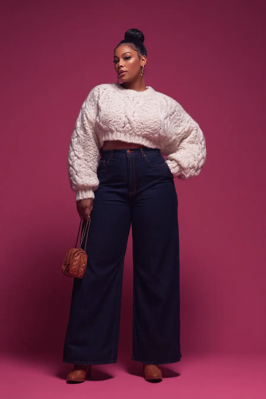 Cropped Cable Knit Sweater + Wide-Leg Denim