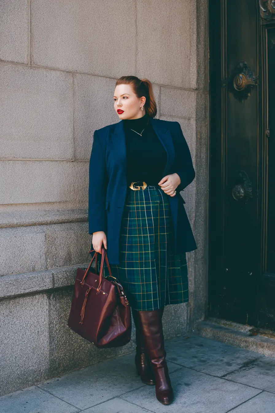 Structured Blazer + Plaid Midi Skirt