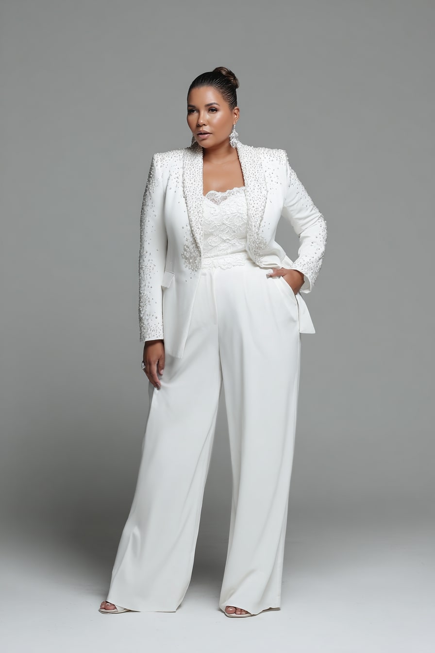 Embellished Blazer + Wide-Leg Trousers