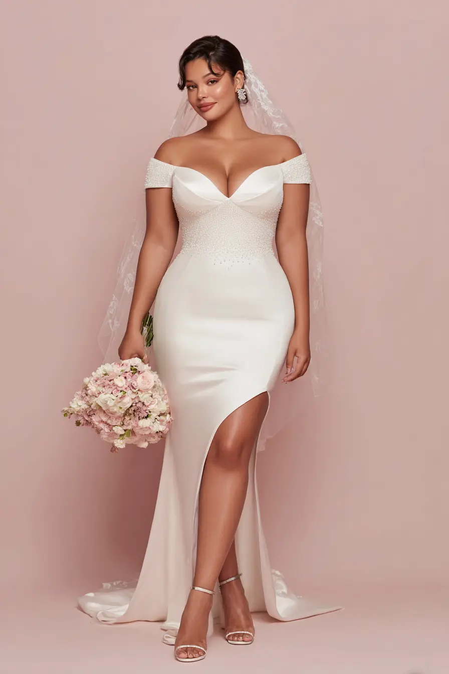 Off-Shoulder Satin Gown + Sculpted Sweetheart Neckline